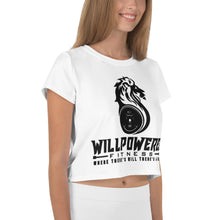 Load image into Gallery viewer, White/Black logo All-Over Print Crop Tee