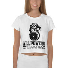 Load image into Gallery viewer, White/Black logo All-Over Print Crop Tee
